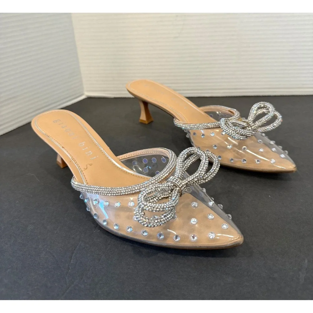 NWT Gianni Bini Clear Rhinestone Studded Bow Pointed Toe Kitten Heel Mules Sz 8 - Picture 3 of 9